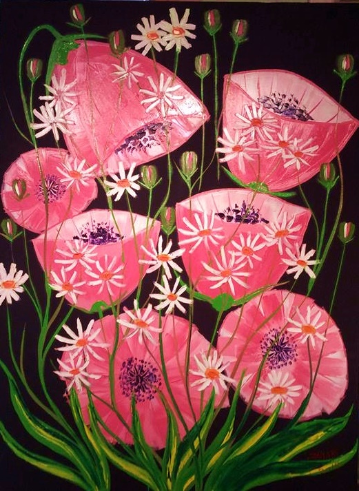 Poppies and Daisies in The Pink oil on canvas by John Damari